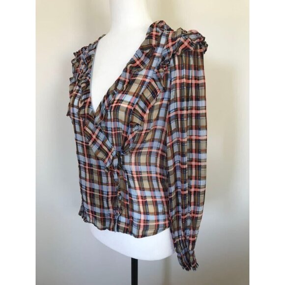 ANTHROPOLOGIE MAEVE Laila Long Sleeve Top Blouse Size 2 Plaid Chiffon Faux Wrap - Picture 5 of 10
